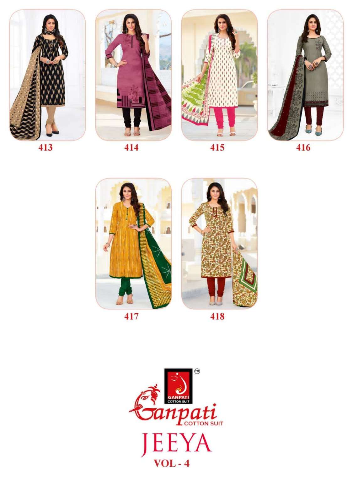 JEEYA VOL-4 BY GANPATI COTTON SUITS 401 TO 418 SERIES BEAUTIFUL SUITS COLORFUL STYLISH FANCY CASUAL WEAR & ETHNIC WEAR COTTON DRESSES AT WHOLESALE PRICE