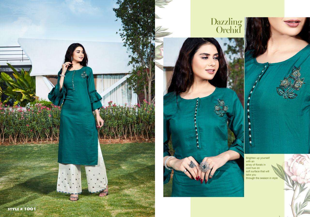 ZOYA BY SELESTA 1001 TO 1005 SERIES DESIGNER STYLISH FANCY COLORFUL BEAUTIFUL PARTY WEAR & ETHNIC WEAR COLLECTION CHINNON HANDWORK KURTIS WITH BOTTOM AT WHOLESALE PRICE