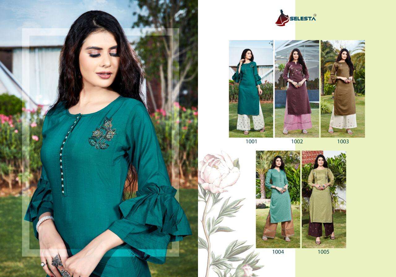 ZOYA BY SELESTA 1001 TO 1005 SERIES DESIGNER STYLISH FANCY COLORFUL BEAUTIFUL PARTY WEAR & ETHNIC WEAR COLLECTION CHINNON HANDWORK KURTIS WITH BOTTOM AT WHOLESALE PRICE