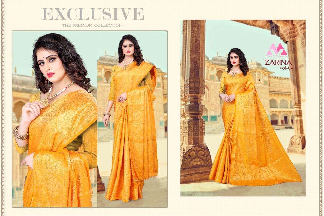 ZARINA VOL-4 BY VAIRAGEE 401 TO 406 SERIES INDIAN TRADITIONAL WEAR COLLECTION BEAUTIFUL STYLISH FANCY COLORFUL PARTY WEAR & OCCASIONAL WEAR SILK SAREES AT WHOLESALE PRICE