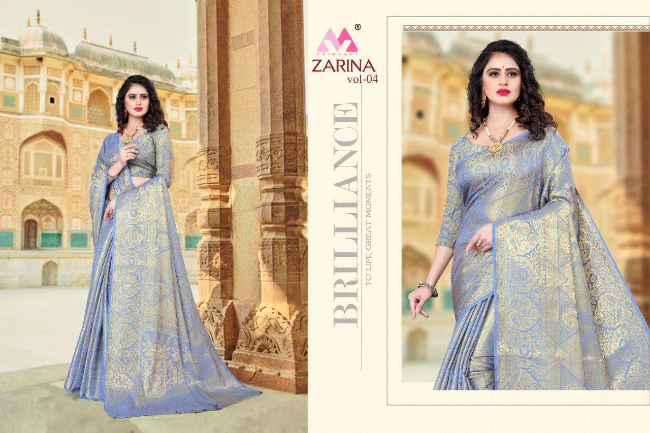 ZARINA VOL-4 BY VAIRAGEE 401 TO 406 SERIES INDIAN TRADITIONAL WEAR COLLECTION BEAUTIFUL STYLISH FANCY COLORFUL PARTY WEAR & OCCASIONAL WEAR SILK SAREES AT WHOLESALE PRICE