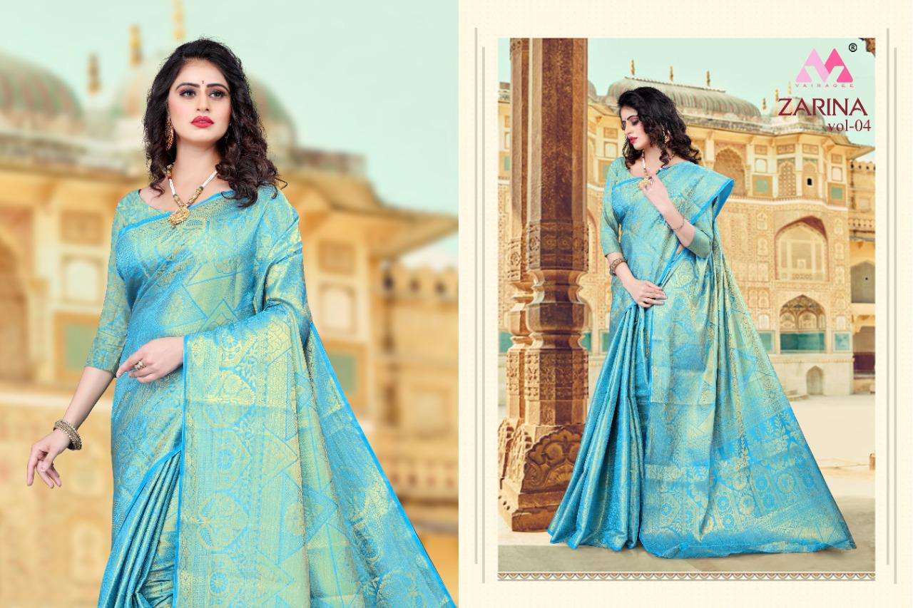 ZARINA VOL-4 BY VAIRAGEE 401 TO 406 SERIES INDIAN TRADITIONAL WEAR COLLECTION BEAUTIFUL STYLISH FANCY COLORFUL PARTY WEAR & OCCASIONAL WEAR SILK SAREES AT WHOLESALE PRICE
