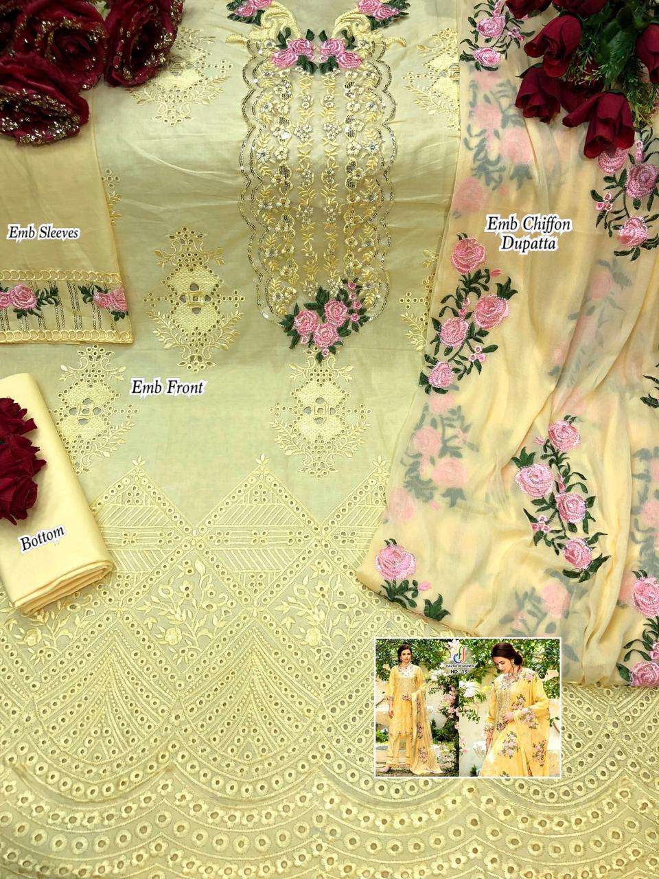 HAZRA HIT DESIGN 15 BY HAZRA DESIGNER PAKISTANI SUITS BEAUTIFUL FANCY COLORFUL STYLISH PARTY WEAR & OCCASIONAL WEAR PURE CAMBRIC COTTON WITH EMBROIDERY DRESSES AT WHOLESALE PRICE