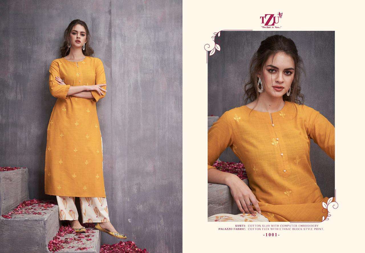 VICTORIA VOL-3 BY TZU 1001 TO 1004 SERIES DESIGNER STYLISH FANCY COLORFUL BEAUTIFUL PARTY WEAR & ETHNIC WEAR COLLECTION COTTON SLUB EMBROIDERY KURTIS WITH BOTTOM AT WHOLESALE PRICE