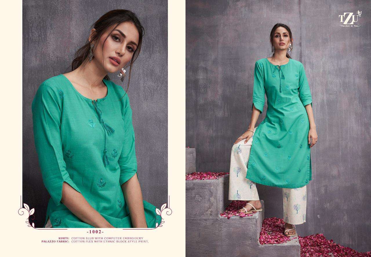 VICTORIA VOL-3 BY TZU 1001 TO 1004 SERIES DESIGNER STYLISH FANCY COLORFUL BEAUTIFUL PARTY WEAR & ETHNIC WEAR COLLECTION COTTON SLUB EMBROIDERY KURTIS WITH BOTTOM AT WHOLESALE PRICE