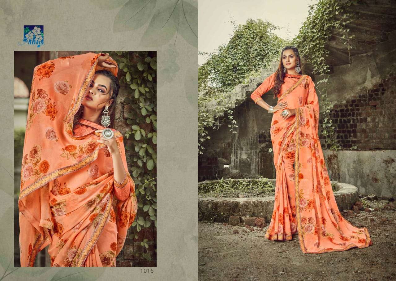 APSARA BY ADITYA PRINTS 1013 TO 1020 SERIES INDIAN TRADITIONAL WEAR COLLECTION BEAUTIFUL STYLISH FANCY COLORFUL PARTY WEAR & OCCASIONAL WEAR GEORGETTE PRINT SAREES AT WHOLESALE PRICE