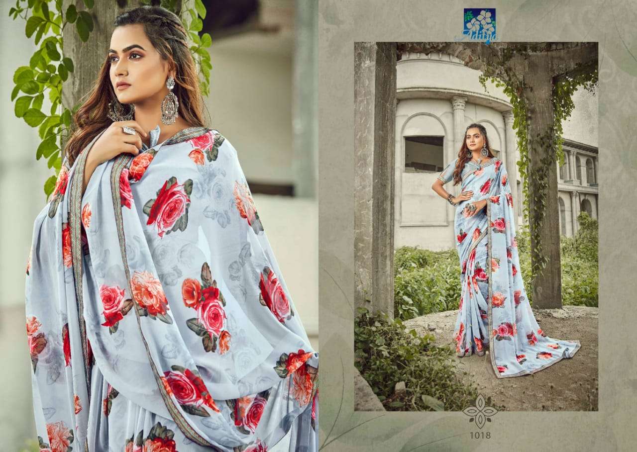 APSARA BY ADITYA PRINTS 1013 TO 1020 SERIES INDIAN TRADITIONAL WEAR COLLECTION BEAUTIFUL STYLISH FANCY COLORFUL PARTY WEAR & OCCASIONAL WEAR GEORGETTE PRINT SAREES AT WHOLESALE PRICE