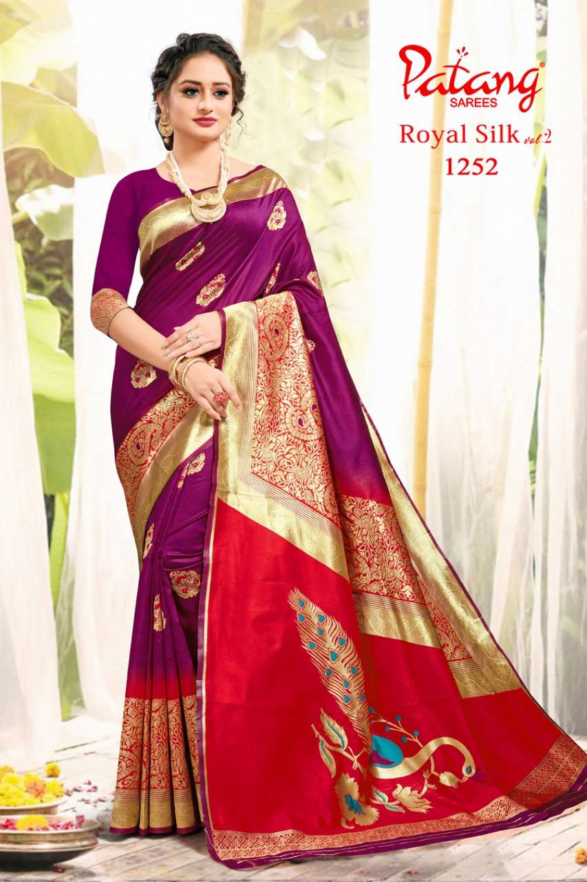 ROYAL SILK VOL-2 BY PATANG SAREES 1251 TO 1258 SERIES INDIAN TRADITIONAL WEAR COLLECTION BEAUTIFUL STYLISH FANCY COLORFUL PARTY WEAR & OCCASIONAL WEAR SILK SAREES AT WHOLESALE PRICE