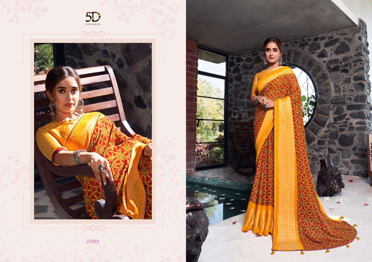 TEHZEEB VOL-4 BY 5D DESIGNER 22081 TO 22085 SERIES INDIAN TRADITIONAL WEAR COLLECTION BEAUTIFUL STYLISH FANCY COLORFUL PARTY WEAR & OCCASIONAL WEAR PURE CHIFFON SAREES AT WHOLESALE PRICE