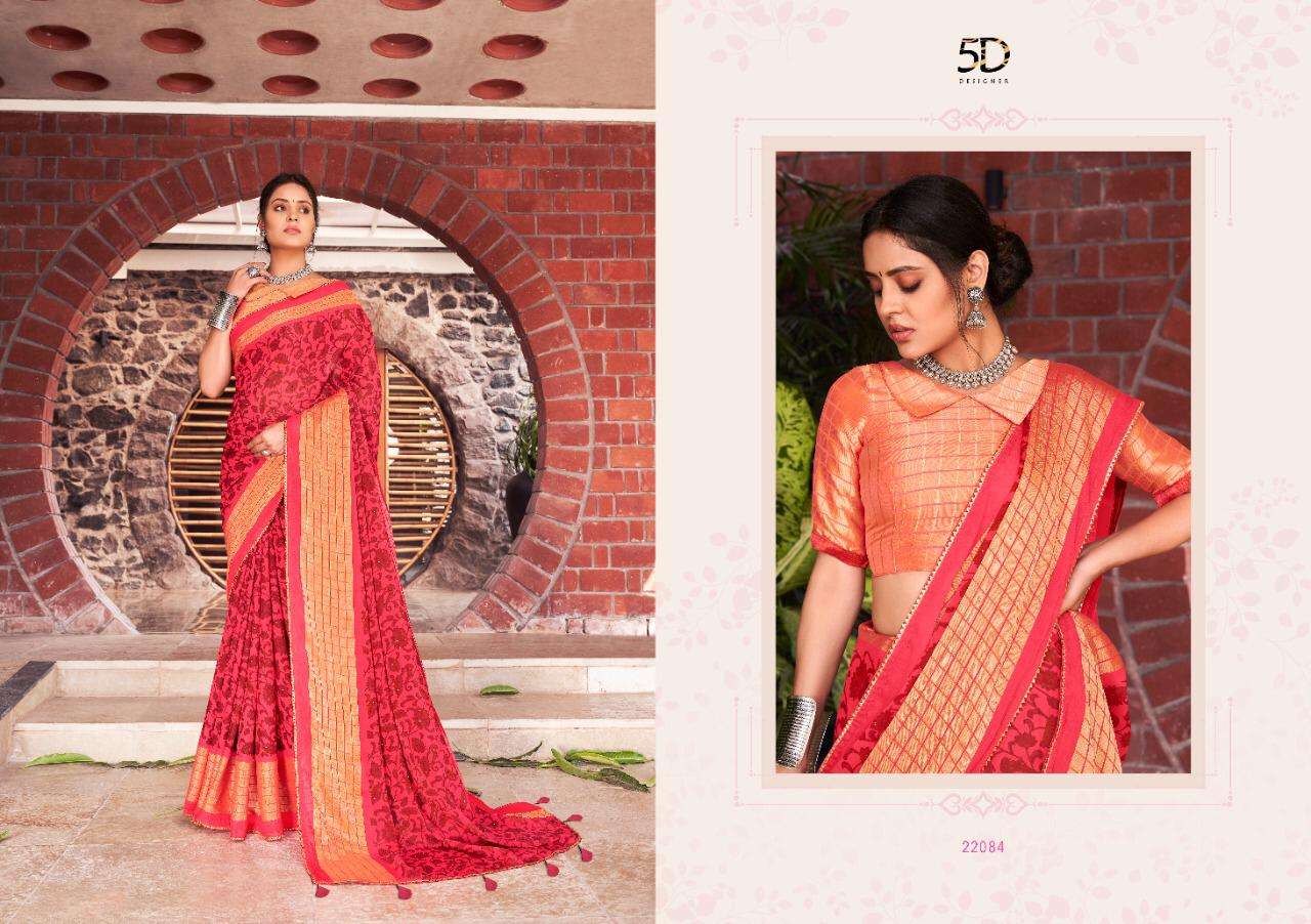 TEHZEEB VOL-4 BY 5D DESIGNER 22081 TO 22085 SERIES INDIAN TRADITIONAL WEAR COLLECTION BEAUTIFUL STYLISH FANCY COLORFUL PARTY WEAR & OCCASIONAL WEAR PURE CHIFFON SAREES AT WHOLESALE PRICE