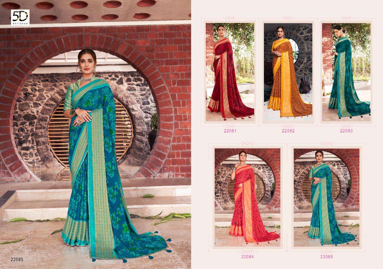TEHZEEB VOL-4 BY 5D DESIGNER 22081 TO 22085 SERIES INDIAN TRADITIONAL WEAR COLLECTION BEAUTIFUL STYLISH FANCY COLORFUL PARTY WEAR & OCCASIONAL WEAR PURE CHIFFON SAREES AT WHOLESALE PRICE