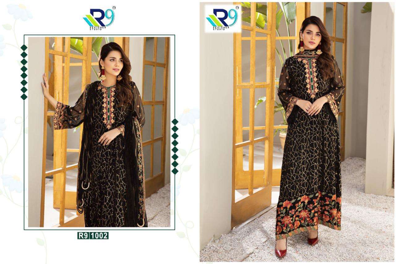 RAMSHA BLOCKBUSTER BY R9 1001 TO 1006 SERIES DESIGNER FESTIVE PAKISTANI SUITS COLLECTION BEAUTIFUL STYLISH FANCY COLORFUL PARTY WEAR & OCCASIONAL WEAR FAUX GEORGETTE EMBROIDERED DRESSES AT WHOLESALE PRICE