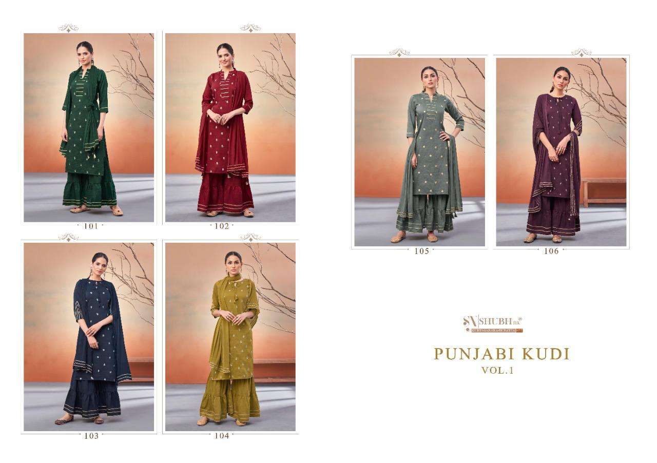 PUNJABI KUDI VOL-1 BY SHUBH NX 101 TO 106 SERIES BEAUTIFUL SHARARA SUITS COLORFUL STYLISH FANCY CASUAL WEAR & ETHNIC WEAR CHINNON SILK WORK DRESSES AT WHOLESALE PRICE