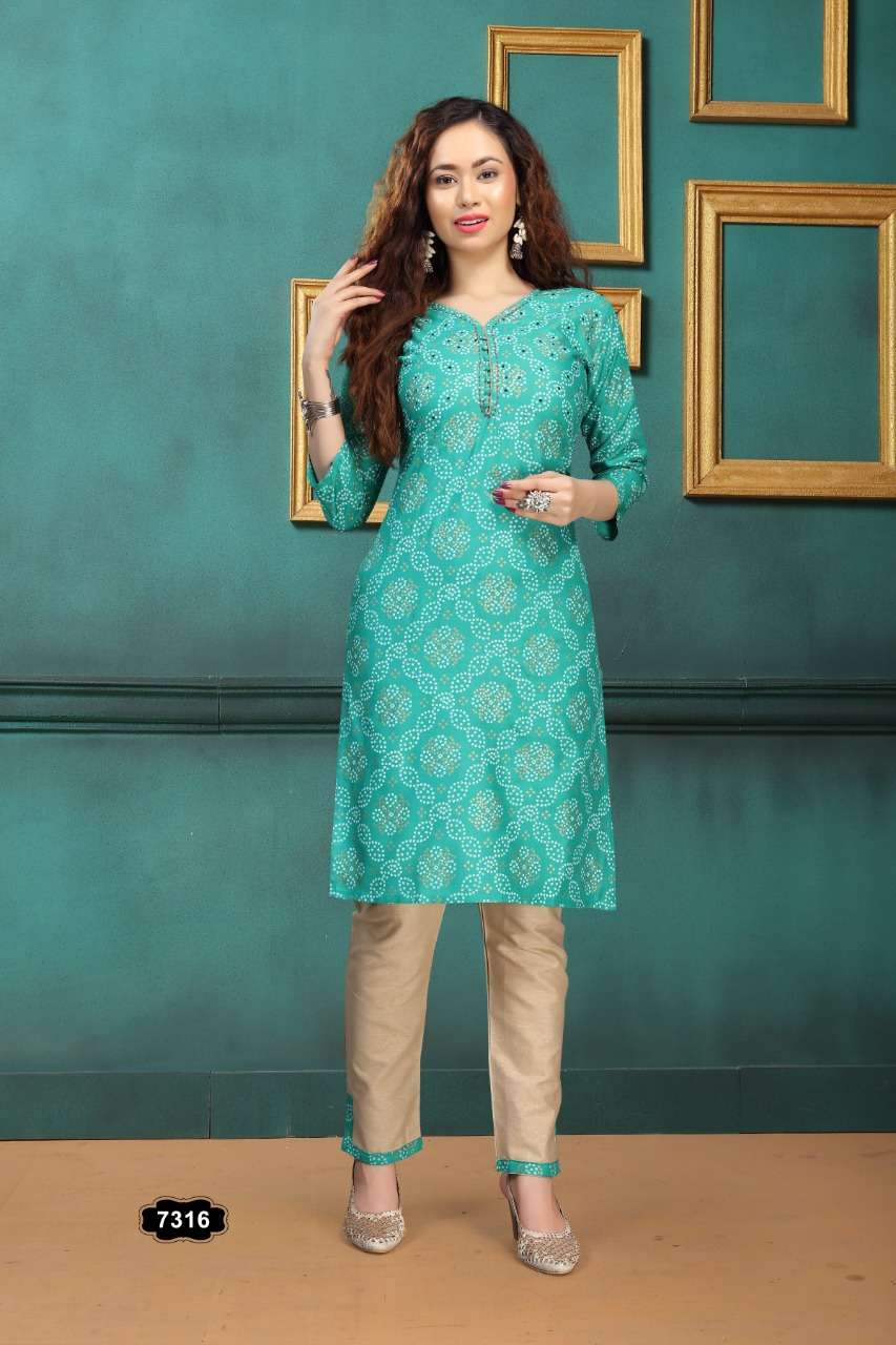 KOHINOOR BY FASHION TALK 7316-A TO 7316-F SERIES DESIGNER STYLISH FANCY COLORFUL BEAUTIFUL PARTY WEAR & ETHNIC WEAR COLLECTION RAYON KURTIS WITH BOTTOM AT WHOLESALE PRICE