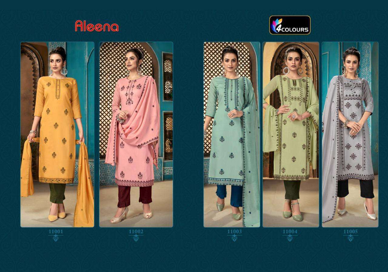 ALEENA BY 4 COLOURS 11001 TO 11005 SERIES BEAUTIFUL SUITS COLORFUL STYLISH FANCY CASUAL WEAR & ETHNIC WEAR HEAVY SILK EMBROIDERED DRESSES AT WHOLESALE PRICE