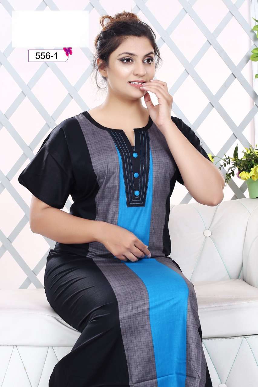 DESIGNER NIGHTY BY KAAMIRI 556-1 TO 556-4 SERIES DESIGNER BEAUTIFUL STYLISH FANCY COLORFUL PARTY WEAR & OCCASIONAL WEAR COTTON GOWNS AT WHOLESALE PRICE