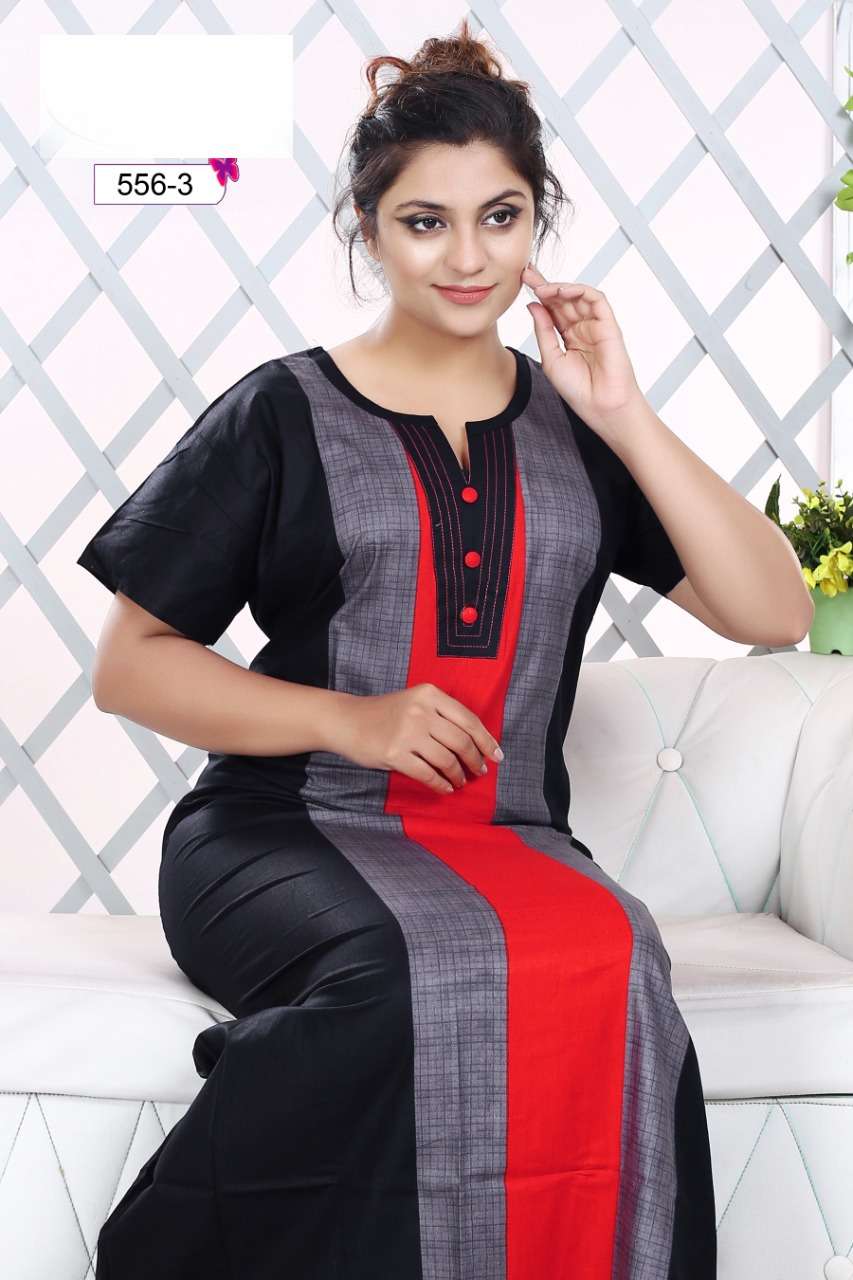 DESIGNER NIGHTY BY KAAMIRI 556-1 TO 556-4 SERIES DESIGNER BEAUTIFUL STYLISH FANCY COLORFUL PARTY WEAR & OCCASIONAL WEAR COTTON GOWNS AT WHOLESALE PRICE