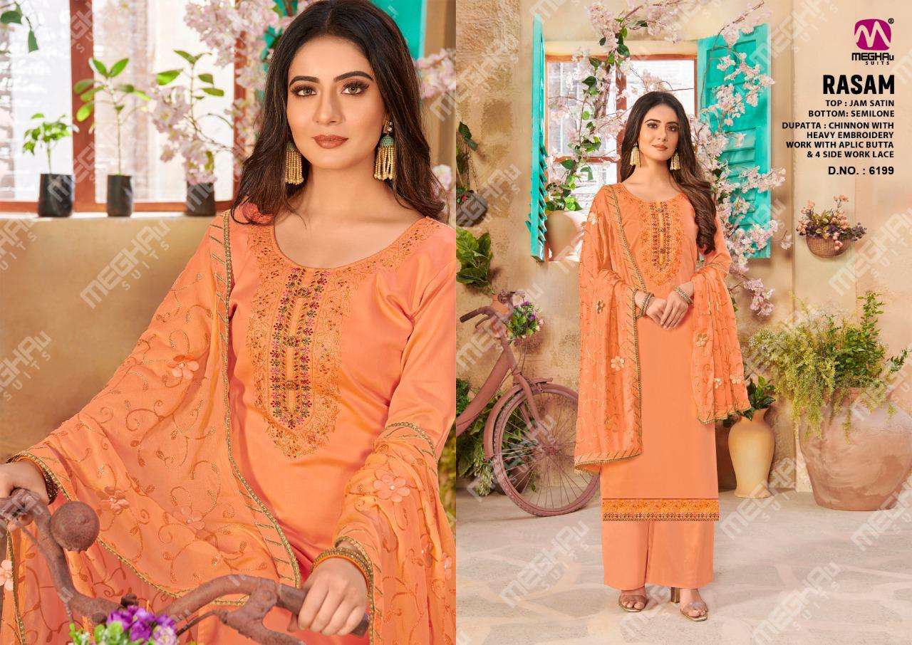 RASAM BY MEGHALI SUITS 6195 TO 6200 SERIES BEAUTIFUL SUITS COLORFUL STYLISH FANCY CASUAL WEAR & ETHNIC WEAR JAM SATIN DRESSES AT WHOLESALE PRICE