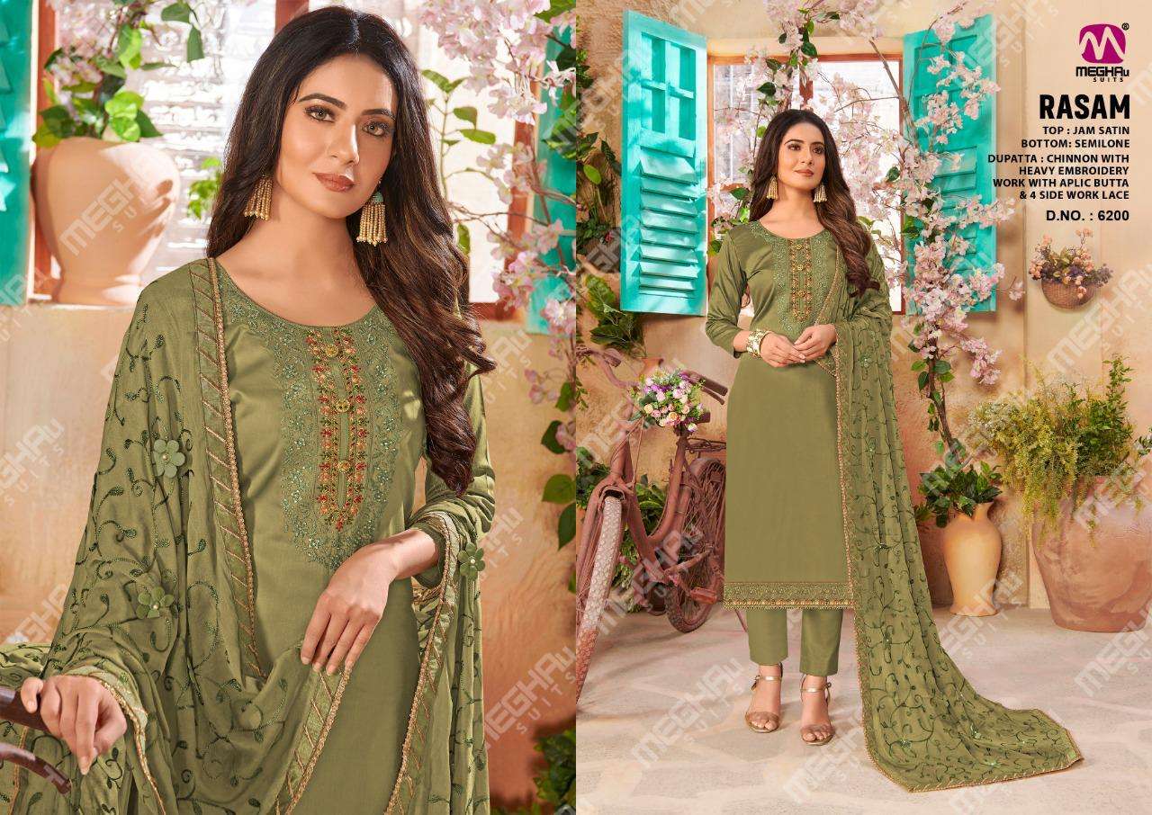 RASAM BY MEGHALI SUITS 6195 TO 6200 SERIES BEAUTIFUL SUITS COLORFUL STYLISH FANCY CASUAL WEAR & ETHNIC WEAR JAM SATIN DRESSES AT WHOLESALE PRICE