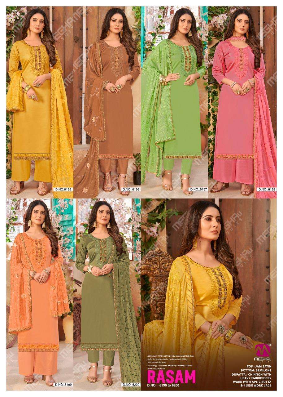 RASAM BY MEGHALI SUITS 6195 TO 6200 SERIES BEAUTIFUL SUITS COLORFUL STYLISH FANCY CASUAL WEAR & ETHNIC WEAR JAM SATIN DRESSES AT WHOLESALE PRICE