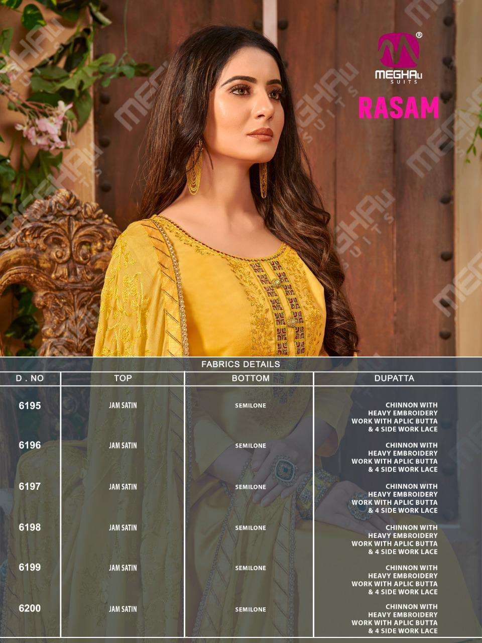 RASAM BY MEGHALI SUITS 6195 TO 6200 SERIES BEAUTIFUL SUITS COLORFUL STYLISH FANCY CASUAL WEAR & ETHNIC WEAR JAM SATIN DRESSES AT WHOLESALE PRICE