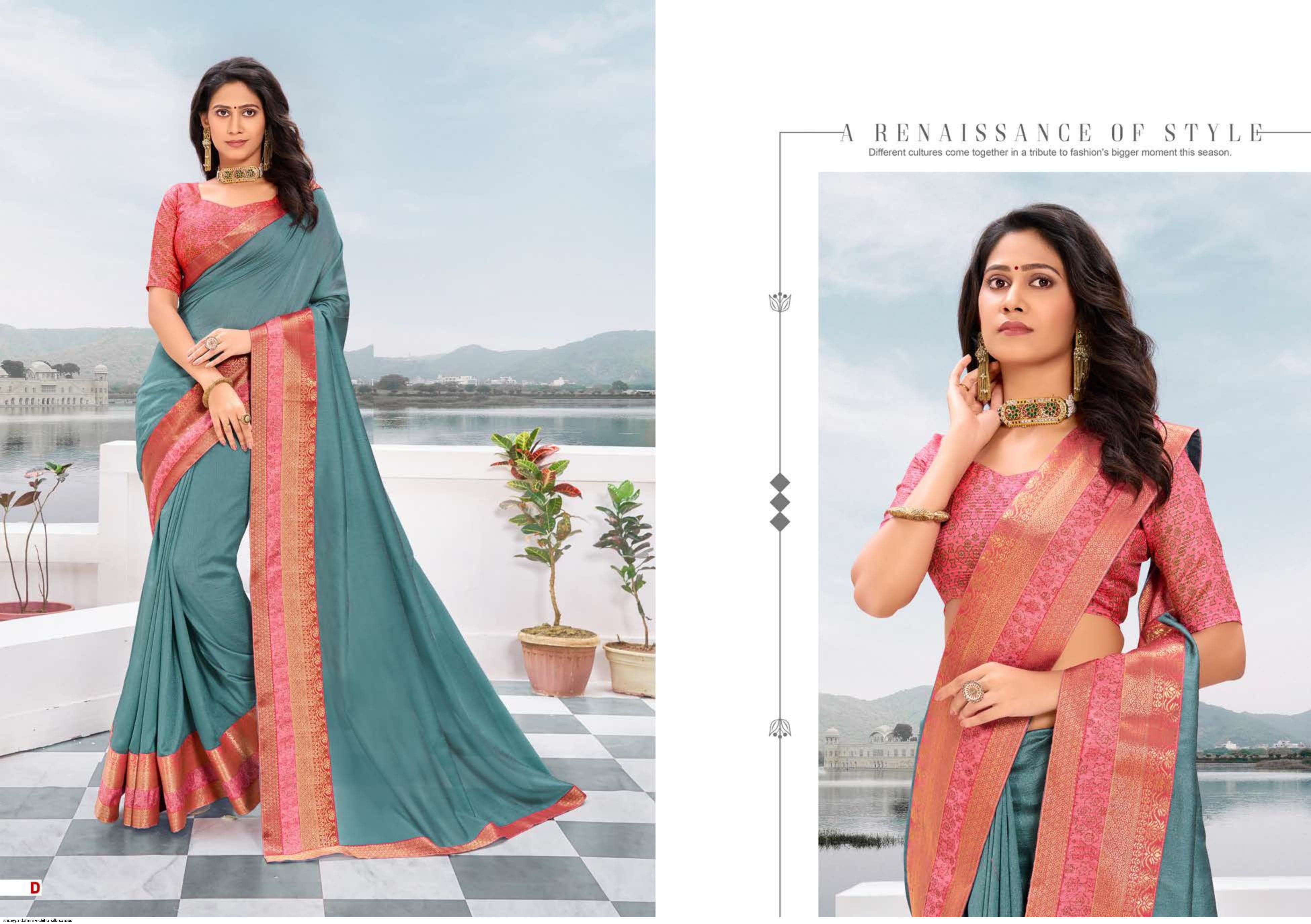 DAMINI BY SHRAVYA FASHION A TO H SERIES INDIAN TRADITIONAL WEAR COLLECTION BEAUTIFUL STYLISH FANCY COLORFUL PARTY WEAR & OCCASIONAL WEAR VICHITRA SILK SAREES AT WHOLESALE PRICE