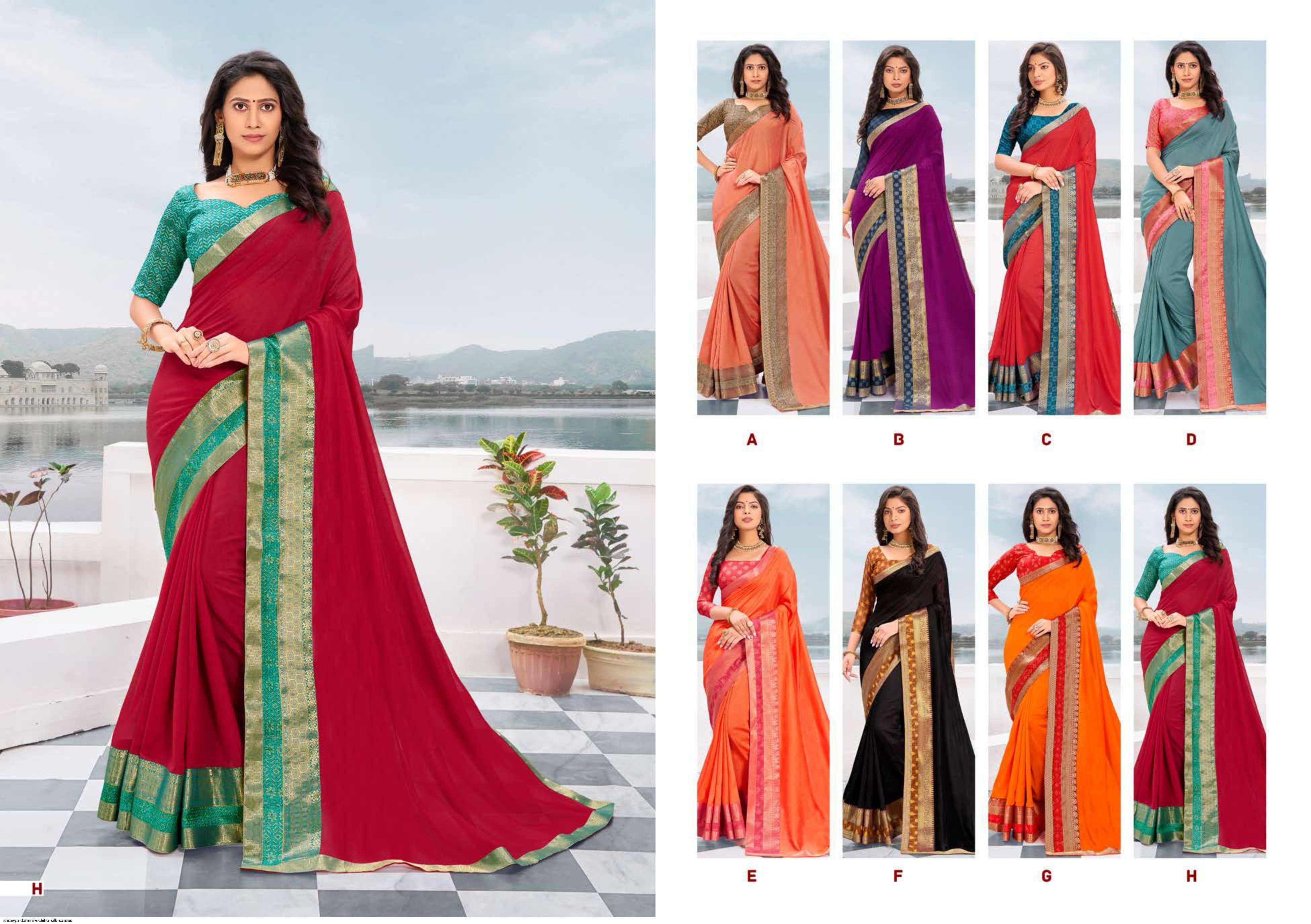 DAMINI BY SHRAVYA FASHION A TO H SERIES INDIAN TRADITIONAL WEAR COLLECTION BEAUTIFUL STYLISH FANCY COLORFUL PARTY WEAR & OCCASIONAL WEAR VICHITRA SILK SAREES AT WHOLESALE PRICE