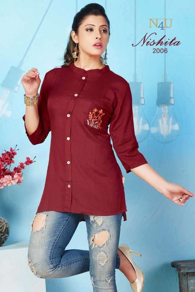 NISHITA BY N4U 2001 TO 2006 SERIES DESIGNER STYLISH FANCY COLORFUL BEAUTIFUL PARTY WEAR & ETHNIC WEAR COLLECTION RAYON EMBROIDERY TOPS AT WHOLESALE PRICE
