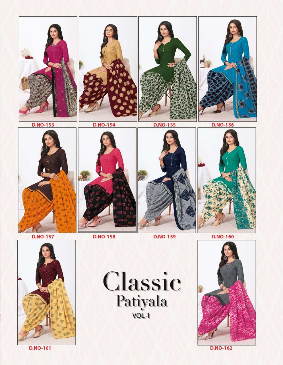 CLASSIC PATIYALA VOL-1 BY KUBER 153 TO 162 SERIES BEAUTIFUL SUITS COLORFUL STYLISH FANCY CASUAL WEAR & ETHNIC WEAR PURE COTTON PRINT DRESSES AT WHOLESALE PRICE