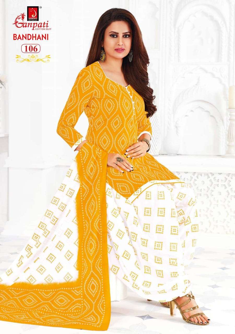 BANDHANI VOL-1 BY GANPATI COTTON SUIT 101 TO 112 SERIES BEAUTIFUL SUITS COLORFUL STYLISH FANCY CASUAL WEAR & ETHNIC WEAR FANCY DRESSES AT WHOLESALE PRICE