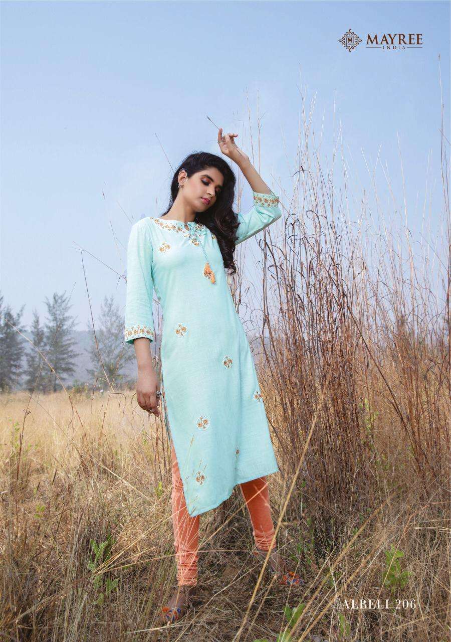 ALBELI VOL-2 BY MAYREE 201 TO 210 SERIES DESIGNER STYLISH FANCY COLORFUL BEAUTIFUL PARTY WEAR & ETHNIC WEAR COLLECTION SLUB RAYON EMBROIDERY KURTIS AT WHOLESALE PRICE