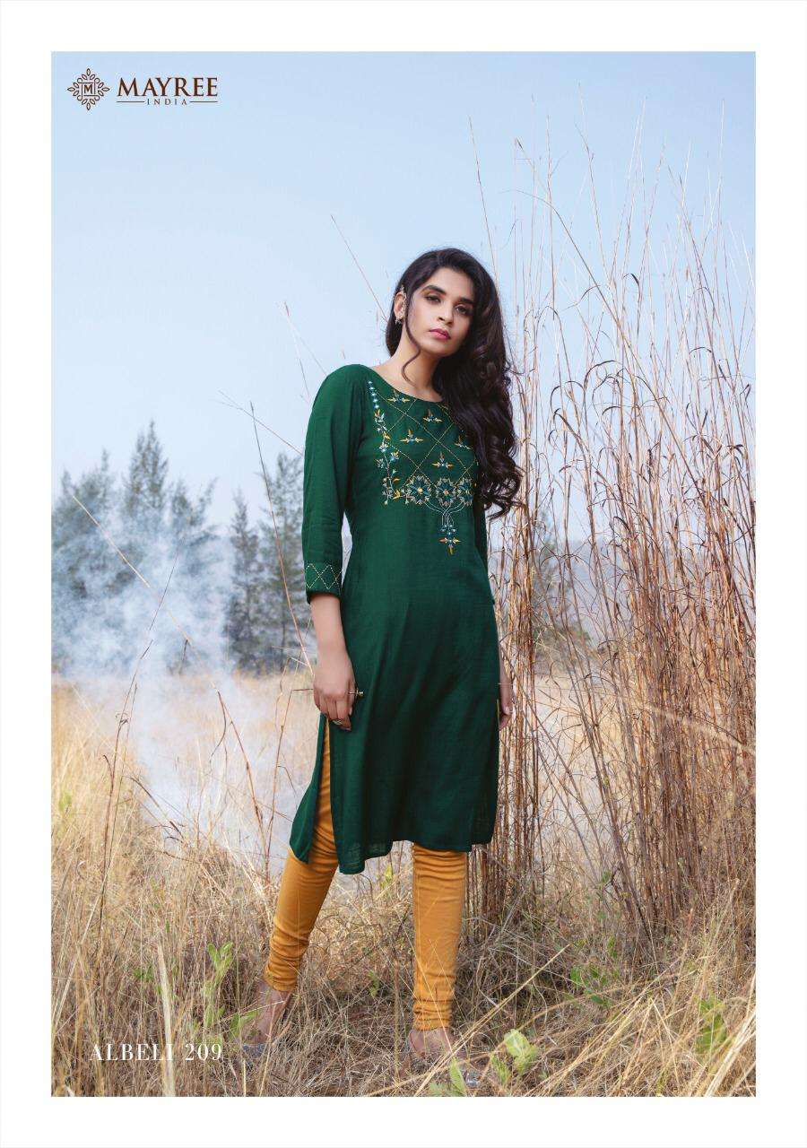 ALBELI VOL-2 BY MAYREE 201 TO 210 SERIES DESIGNER STYLISH FANCY COLORFUL BEAUTIFUL PARTY WEAR & ETHNIC WEAR COLLECTION SLUB RAYON EMBROIDERY KURTIS AT WHOLESALE PRICE