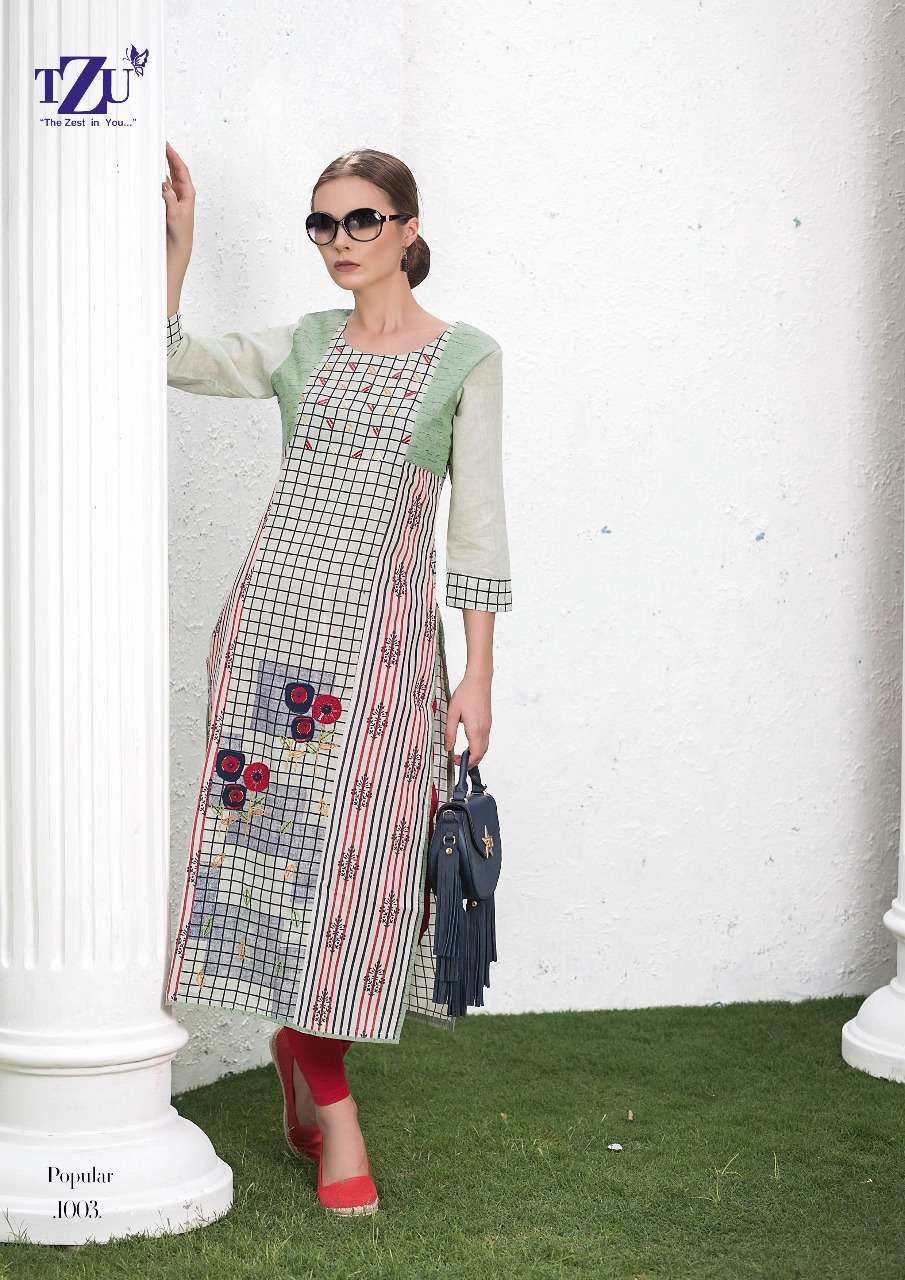 POPULAR BY TZU 1001 TO 1006 SERIES DESIGNER STYLISH FANCY COLORFUL BEAUTIFUL PARTY WEAR & ETHNIC WEAR COLLECTION COTTON EMBROIDERY KURTIS AT WHOLESALE PRICE