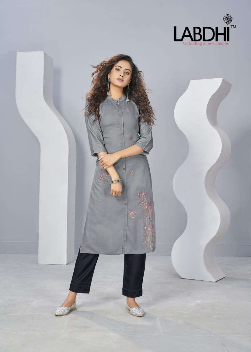 SAYRA BY LABDHI 1001 TO 1006 SERIES DESIGNER STYLISH FANCY COLORFUL BEAUTIFUL PARTY WEAR & ETHNIC WEAR COLLECTION RAYON SLUB EMBROIDERY KURTIS WITH BOTTOM AT WHOLESALE PRICE