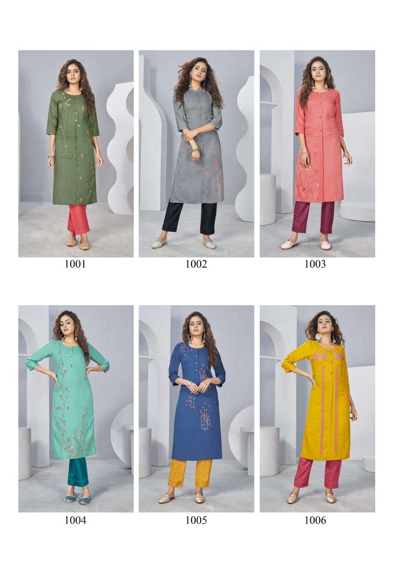 SAYRA BY LABDHI 1001 TO 1006 SERIES DESIGNER STYLISH FANCY COLORFUL BEAUTIFUL PARTY WEAR & ETHNIC WEAR COLLECTION RAYON SLUB EMBROIDERY KURTIS WITH BOTTOM AT WHOLESALE PRICE
