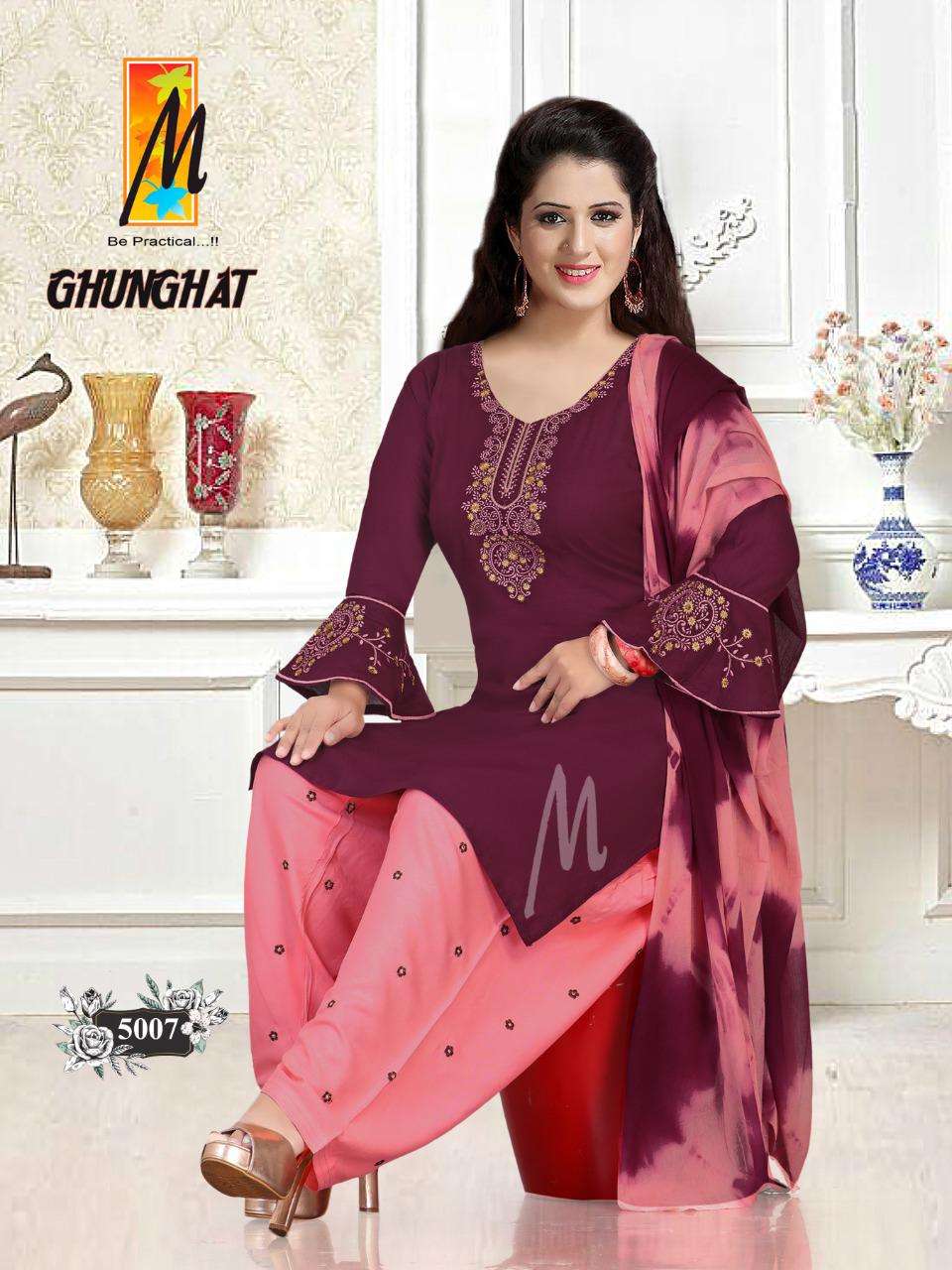 GHUNGHAT BY M BE PRACTICAL 5001 TO 5008 SERIES BEAUTIFUL STYLISH PATIYALA SUITS FANCY COLORFUL CASUAL WEAR & ETHNIC WEAR & READY TO WEAR RAYON WITH WORK DRESSES AT WHOLESALE PRICE