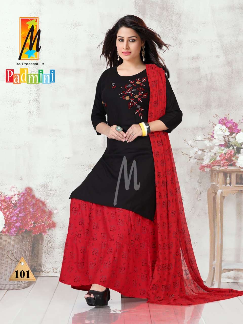 PADMINI BY M BE PRACTICAL 101 TO 108 SERIES BEAUTIFUL STYLISH PATIYALA SUITS FANCY COLORFUL CASUAL WEAR & ETHNIC WEAR & READY TO WEAR RAYON WITH WORK DRESSES AT WHOLESALE PRICE