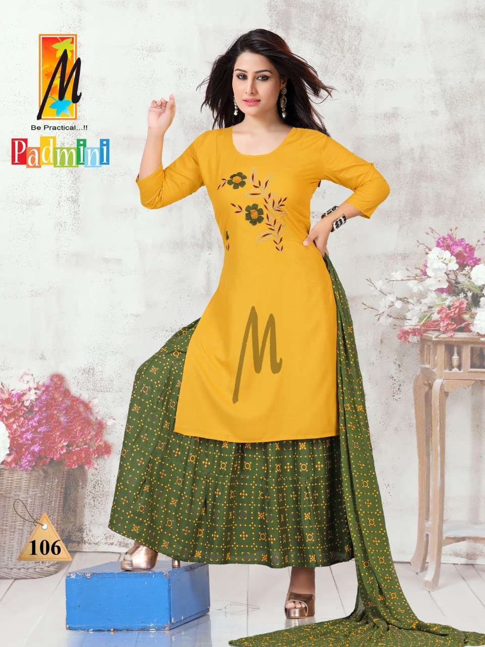 PADMINI BY M BE PRACTICAL 101 TO 108 SERIES BEAUTIFUL STYLISH PATIYALA SUITS FANCY COLORFUL CASUAL WEAR & ETHNIC WEAR & READY TO WEAR RAYON WITH WORK DRESSES AT WHOLESALE PRICE