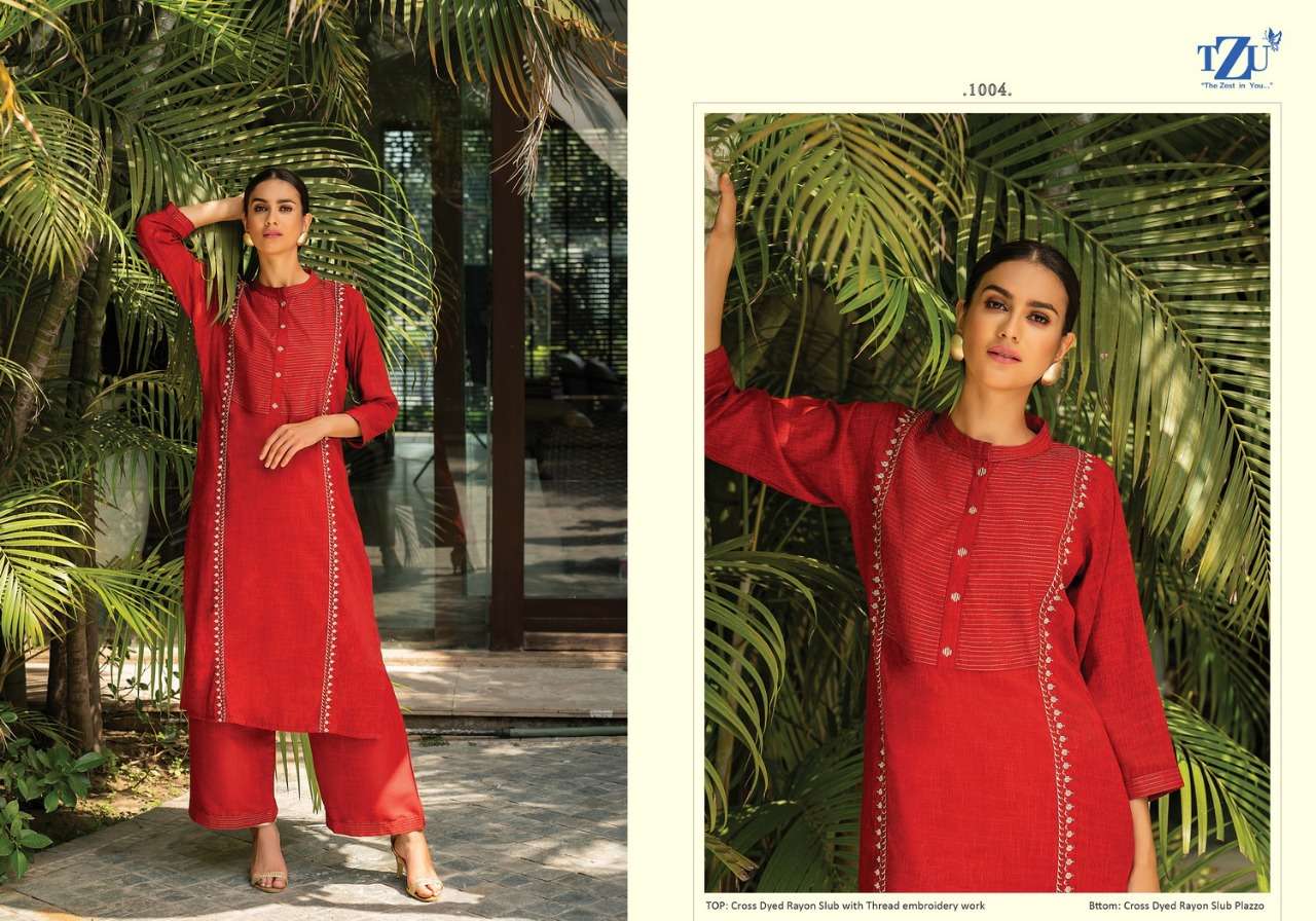 GLAZED BY TZU 1001 TO 1004 SERIES DESIGNER STYLISH FANCY COLORFUL BEAUTIFUL PARTY WEAR & ETHNIC WEAR COLLECTION RAYON SLUB EMBROIDERY KURTIS WITH BOTTOM AT WHOLESALE PRICE