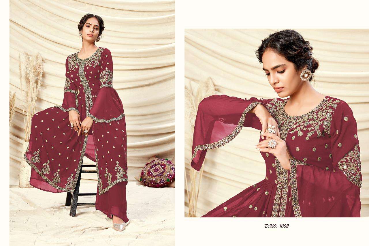 JANHA AARA BY RANI TRENDZ 1002-A TO 1002-D SERIES BEAUTIFUL STYLISH SHARARA SUITS FANCY COLORFUL CASUAL WEAR & ETHNIC WEAR & READY TO WEAR REAL GEORGETTE DRESSES AT WHOLESALE PRICE