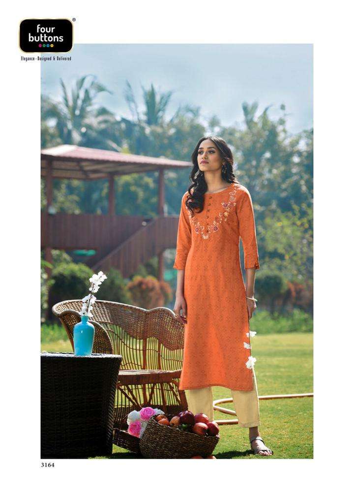 BASIL VOL-2 BY FOUR BUTTONS 3161 TO 3168 SERIES DESIGNER STYLISH FANCY COLORFUL BEAUTIFUL PARTY WEAR & ETHNIC WEAR COLLECTION PURE COTTON EMBROIDERY KURTIS AT WHOLESALE PRICE