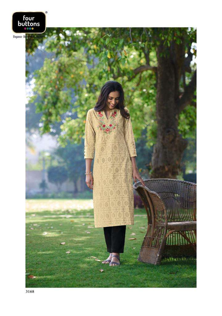BASIL VOL-2 BY FOUR BUTTONS 3161 TO 3168 SERIES DESIGNER STYLISH FANCY COLORFUL BEAUTIFUL PARTY WEAR & ETHNIC WEAR COLLECTION PURE COTTON EMBROIDERY KURTIS AT WHOLESALE PRICE