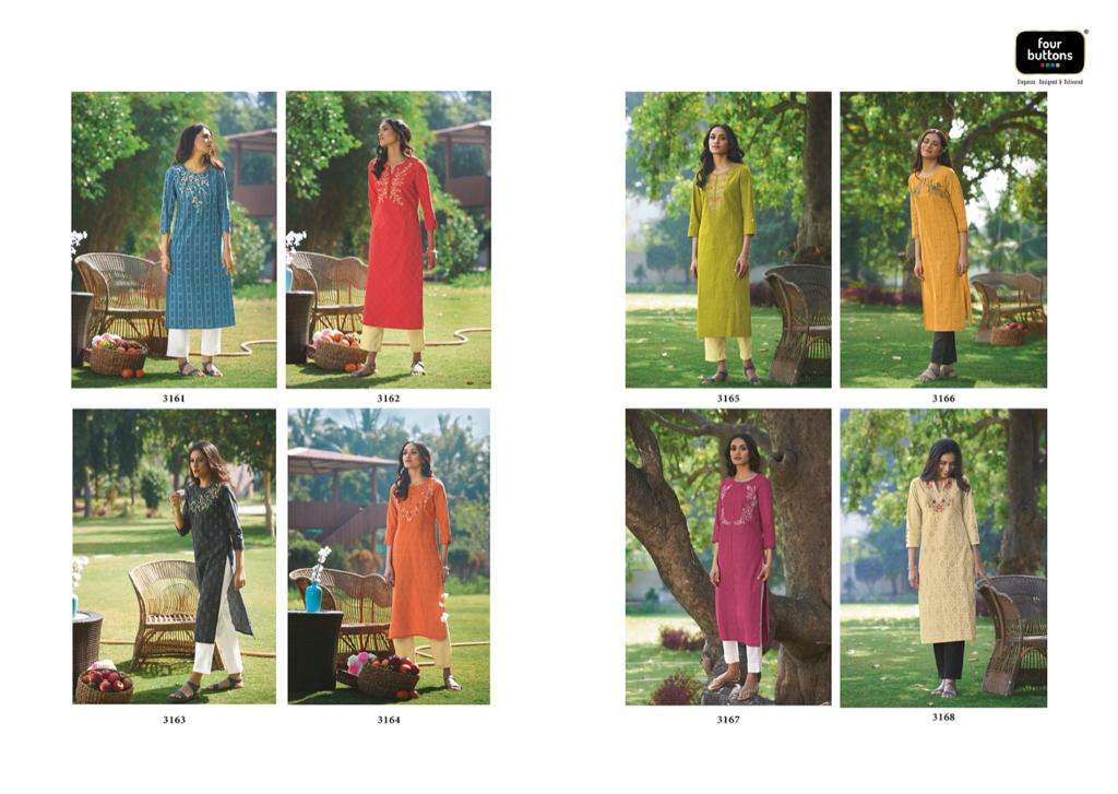 BASIL VOL-2 BY FOUR BUTTONS 3161 TO 3168 SERIES DESIGNER STYLISH FANCY COLORFUL BEAUTIFUL PARTY WEAR & ETHNIC WEAR COLLECTION PURE COTTON EMBROIDERY KURTIS AT WHOLESALE PRICE