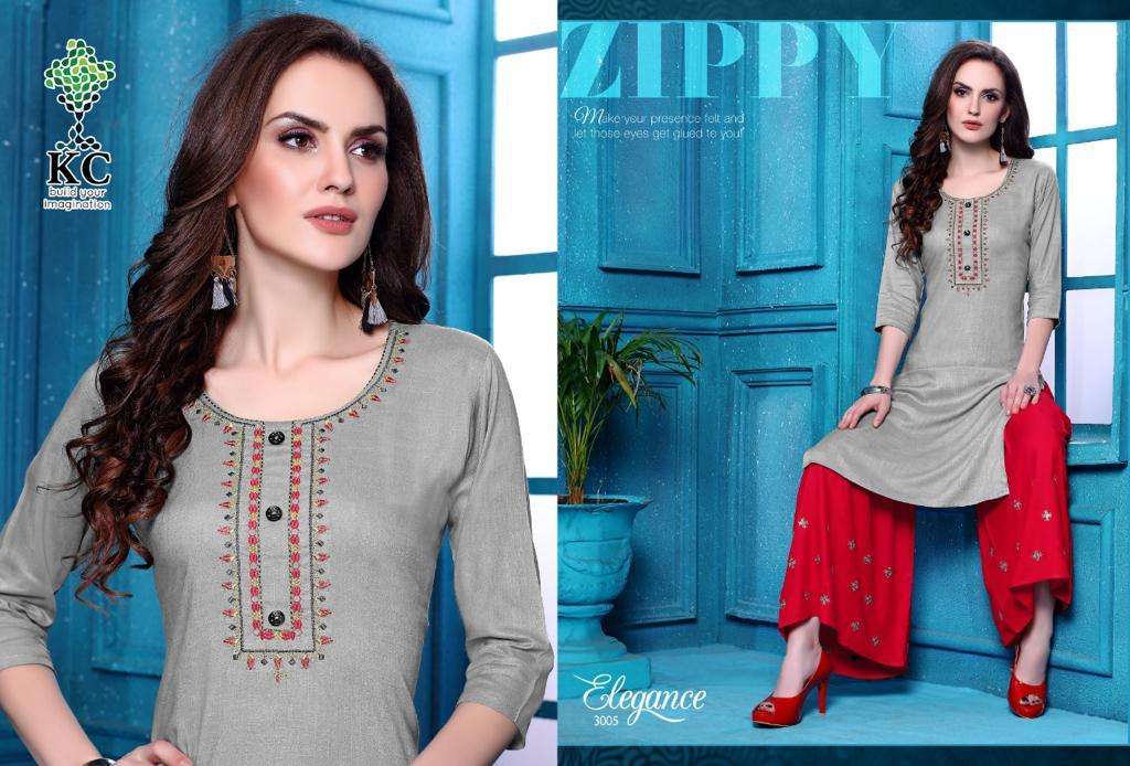 ELEGANCE VOL-3 BY KC 3001 TO 3008 SERIES DESIGNER COLLECTION BEAUTIFUL STYLISH FANCY COLORFUL PARTY WEAR & OCCASIONAL WEAR RAYON SLUB KURTIS WITH BOTTOM AT WHOLESALE PRICE
