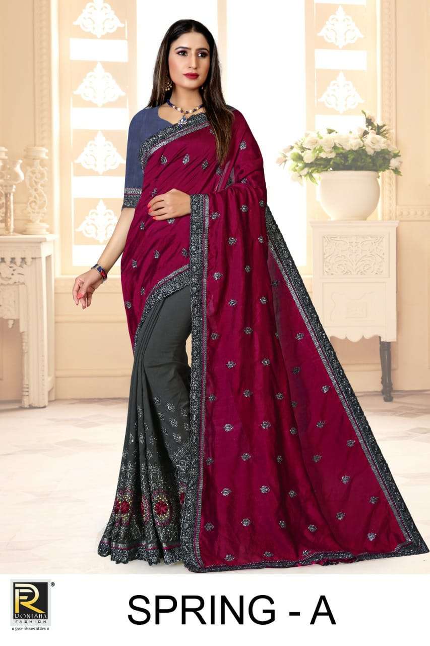 SPRING BY RONISHA FASHION A TO D SERIES INDIAN TRADITIONAL WEAR COLLECTION BEAUTIFUL STYLISH FANCY COLORFUL PARTY WEAR & OCCASIONAL WEAR VICHITRA SILK SAREES AT WHOLESALE PRICE