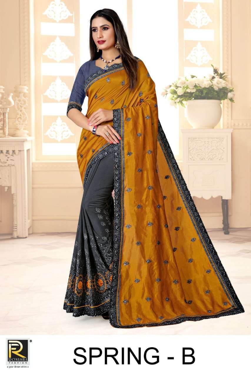 SPRING BY RONISHA FASHION A TO D SERIES INDIAN TRADITIONAL WEAR COLLECTION BEAUTIFUL STYLISH FANCY COLORFUL PARTY WEAR & OCCASIONAL WEAR VICHITRA SILK SAREES AT WHOLESALE PRICE