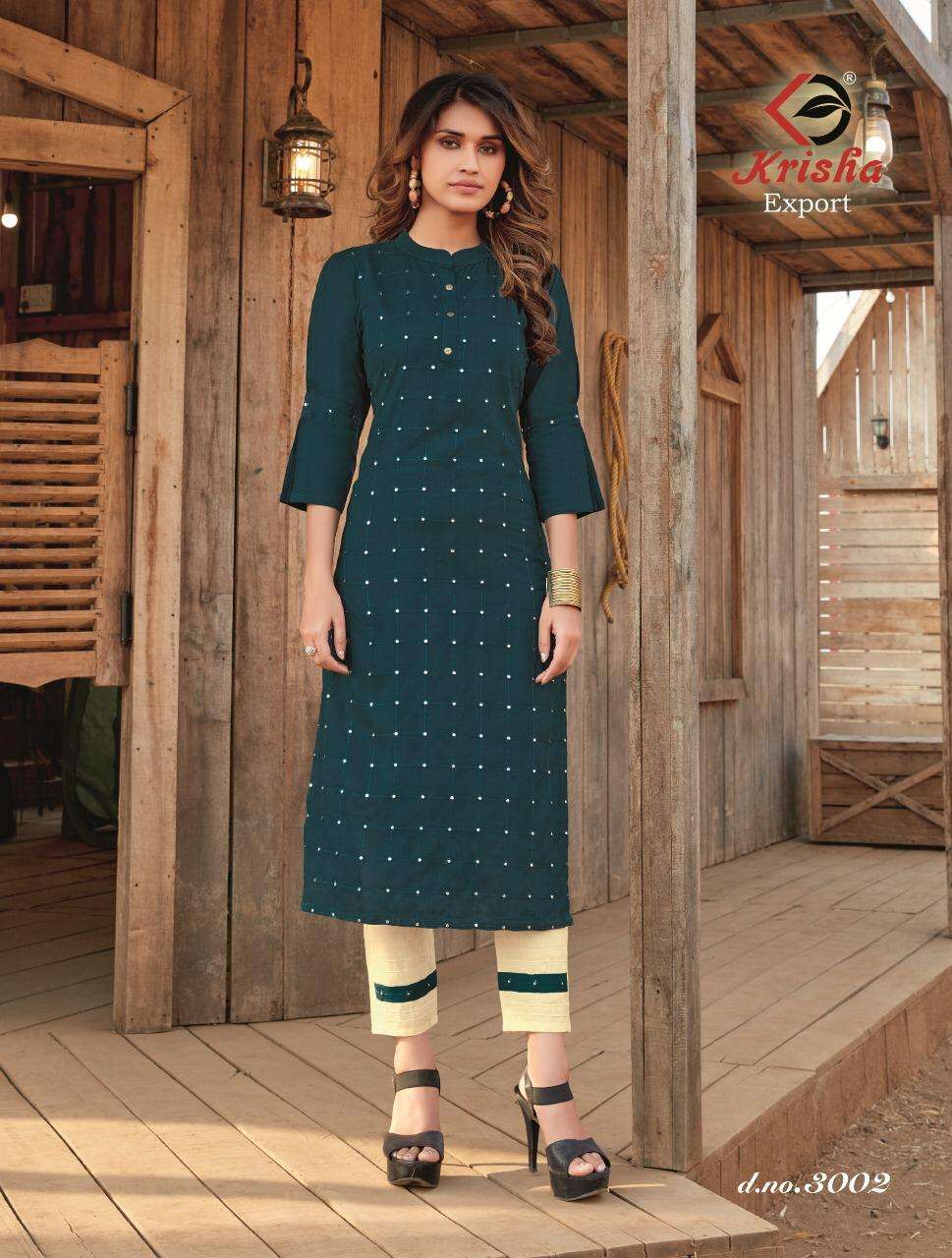 SIYARA BY KRISHA EXPORTS 3001 TO 3004 SERIES DESIGNER STYLISH FANCY COLORFUL BEAUTIFUL PARTY WEAR & ETHNIC WEAR COLLECTION RAYON EMBROIDERY KURTIS WITH BOTTOM AT WHOLESALE PRICE