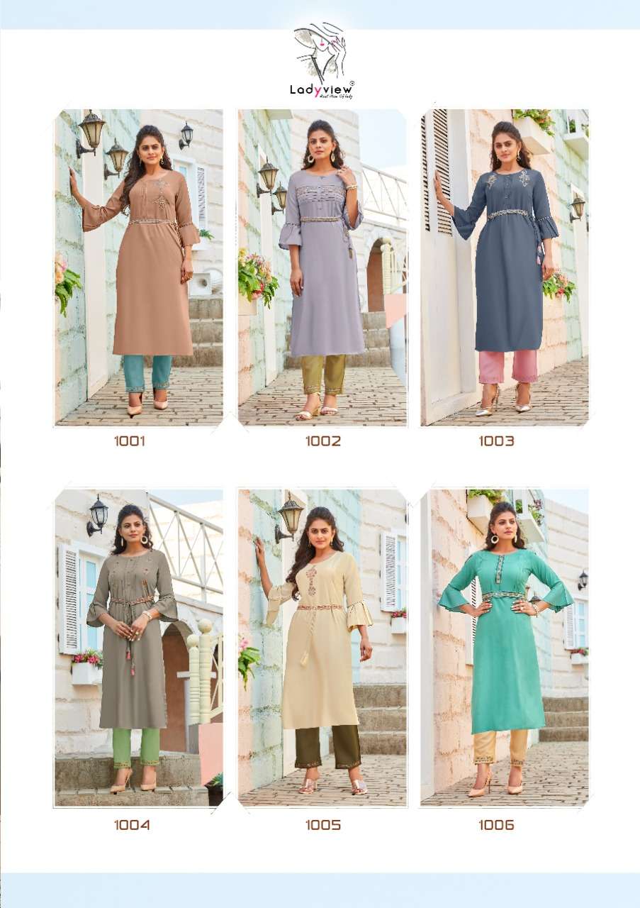 BELTOM BY LADY VIEW 1001 TO 1006 SERIES DESIGNER STYLISH FANCY COLORFUL BEAUTIFUL PARTY WEAR & ETHNIC WEAR COLLECTION RAYON EMBROIDERY KURTIS WITH BOTTOM AT WHOLESALE PRICE