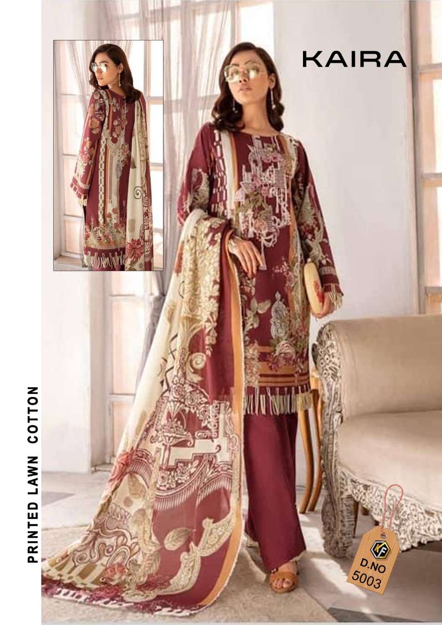 KAIRA LUXURY VOL-5 BY KEVAL FAB 5001 TO 5004 SERIES BEAUTIFUL SUITS STYLISH FANCY COLORFUL PARTY WEAR & OCCASIONAL WEAR PURE LAWN PRINT DRESSES AT WHOLESALE PRICE