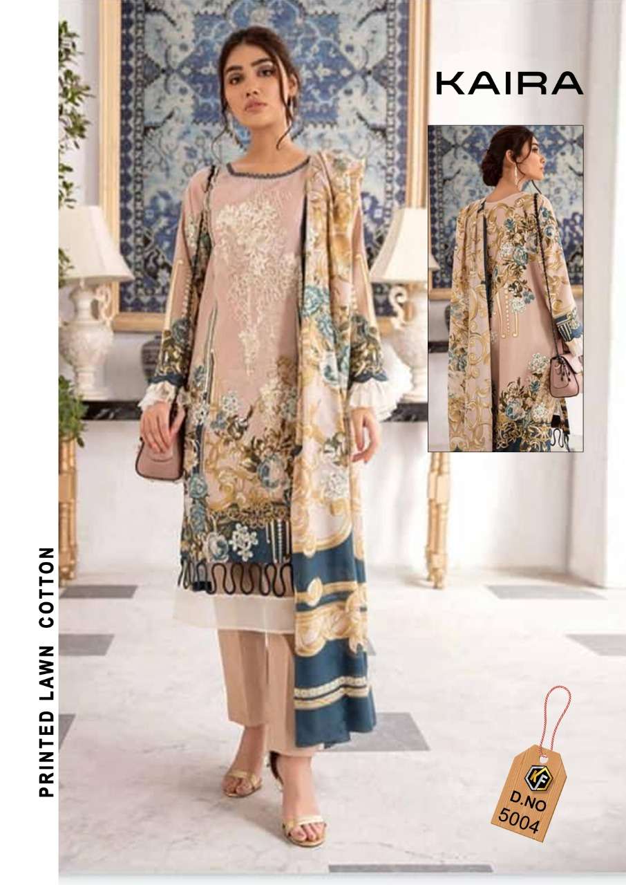 KAIRA LUXURY VOL-5 BY KEVAL FAB 5001 TO 5004 SERIES BEAUTIFUL SUITS STYLISH FANCY COLORFUL PARTY WEAR & OCCASIONAL WEAR PURE LAWN PRINT DRESSES AT WHOLESALE PRICE